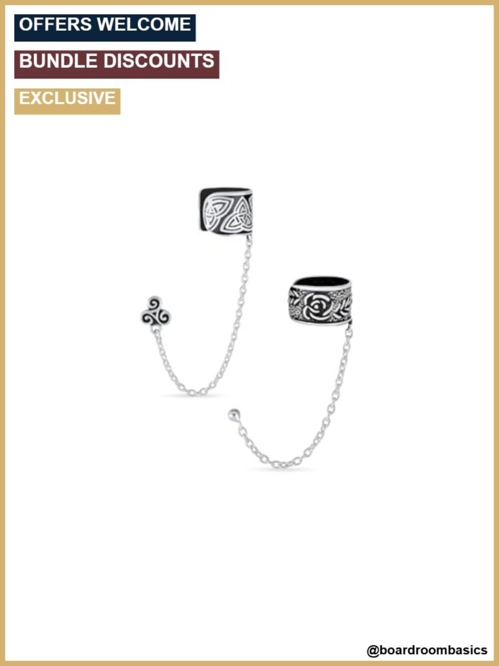 Celtic Rose Triskele Ear Cuff & Stud Earrings Sterling Silver Set